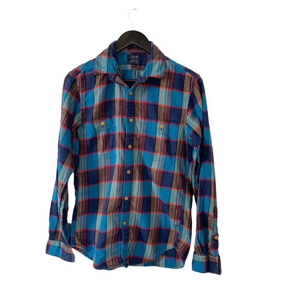 J. Crew Factory Blue Brown Plaid Flannel Button Down Shirt.‎